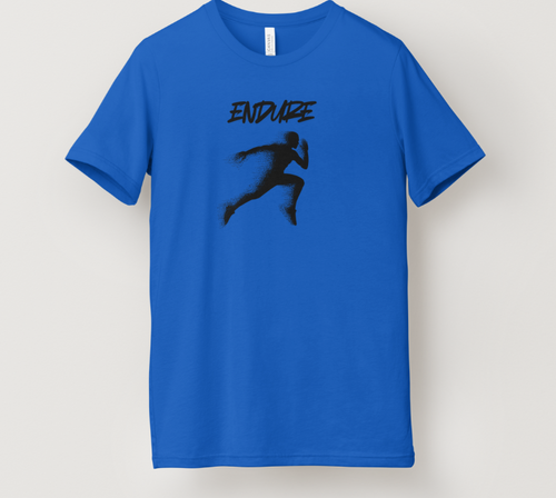 Minimalist training graphic tee in blue, front view - Three-D-Threads